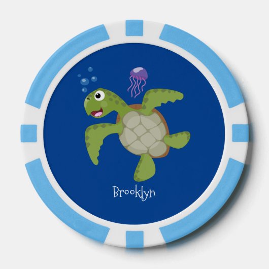 Cute green zee schildpad happy cartoon illustratie poker chips (Voorkant)
