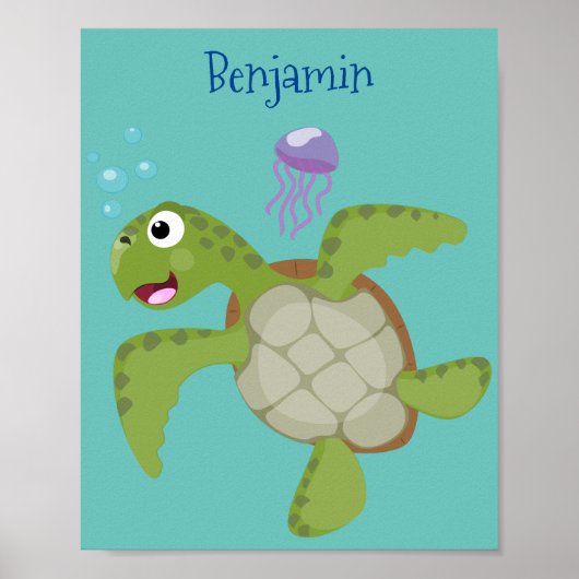 Cute green zee schildpad happy cartoon illustratie poster (Voorkant)