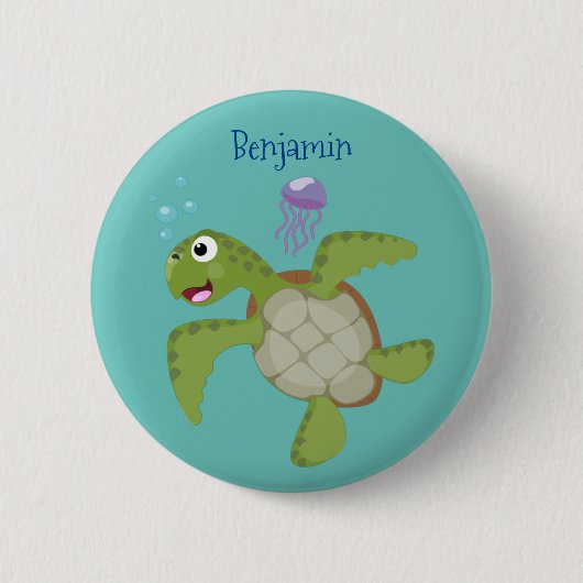 Cute green zee schildpad happy cartoon illustratie ronde button 5,7 cm (Voorkant)