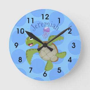Cute green zee schildpad happy cartoon illustratie ronde klok
