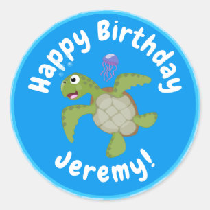 Cute green zee schildpad happy cartoon illustratie ronde sticker