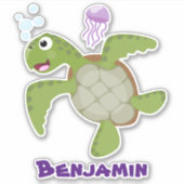 Cute green zee schildpad happy cartoon illustratie sticker (Voorkant)