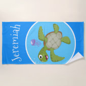 Cute green zee schildpad happy cartoon illustratie strandlaken (Voorkant)