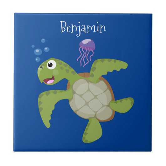 Cute green zee schildpad happy cartoon illustratie tegeltje (Voorkant)