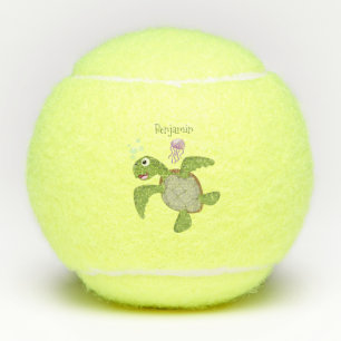 Cute green zee schildpad happy cartoon illustratie tennisballen