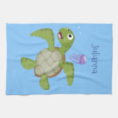 Cute green zee schildpad happy cartoon illustratie theedoek (Horizontaal)