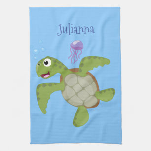 Cute green zee schildpad happy cartoon illustratie theedoek