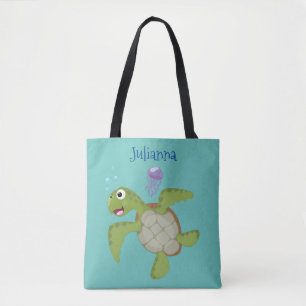 Cute green zee schildpad happy cartoon illustratie tote bag