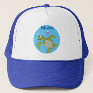 Cute green zee schildpad happy cartoon illustratie trucker pet