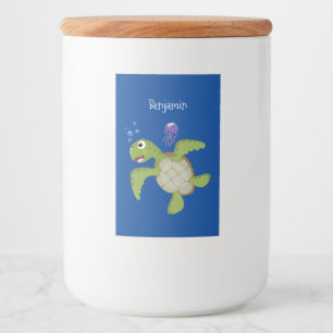 Cute green zee schildpad happy cartoon illustratie voedselcontainer etiket