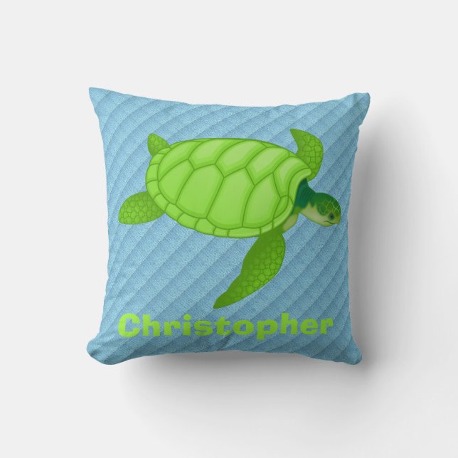 Cute Green Zee Turtle on Blue, Add Name Kussen (Voorkant)