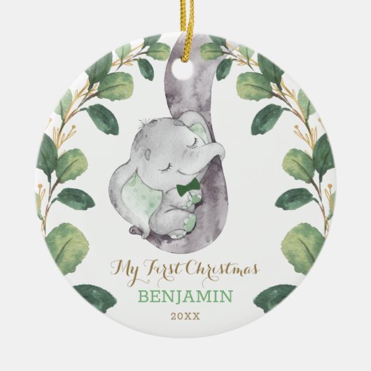 Cute Greenery Baby Elephant First Kerstmis Keramisch Ornament (Voorkant)