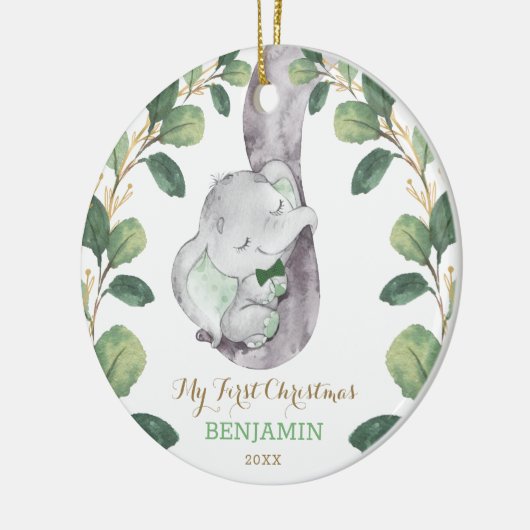 Cute Greenery Baby Elephant First Kerstmis Keramisch Ornament (Links)