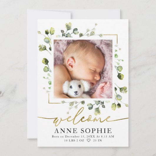 Cute Greenery Birth Announounge Hartelijk dank Kaart (Voorkant)