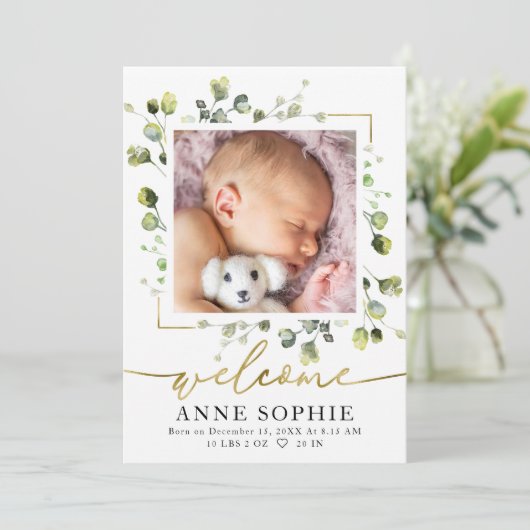 Cute Greenery Birth Announounge Hartelijk dank Kaart (Staand voorkant)