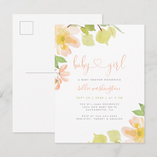 Cute Greenery Blush Floral Script Girl Baby shower Uitnodiging Briefkaart (Voorkant / Achterkant)