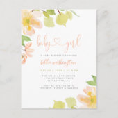 Cute Greenery Blush Floral Script Girl Baby shower Uitnodiging Briefkaart (Voorkant)