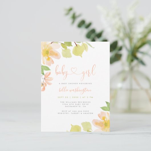 Cute Greenery Blush Floral Script Girl Baby shower Uitnodiging Briefkaart (Staand voorkant)