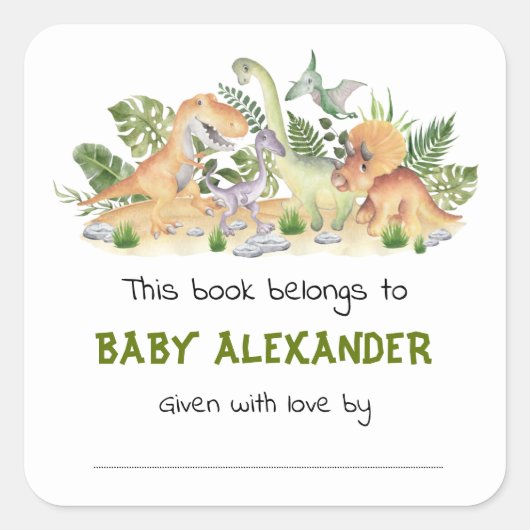 Cute Greenery Dinosaurs Baby shower Bookplaat Vierkante Sticker (Voorkant)