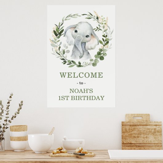 Cute Greenery Elephant Baby shower Welcome Poster (Keuken)