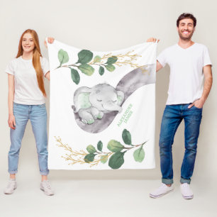 Cute Greenery Gold Baby Elephant Boy Nursery Fleece Deken