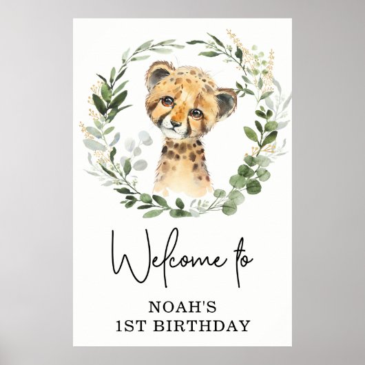 Cute Greenery Leopard Wild Oerwoud Birthday Welkom Poster (Voorkant)