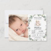 Cute Greenery Owl New Baby Boy Foto Collage Birth Aankondiging (Voorkant)