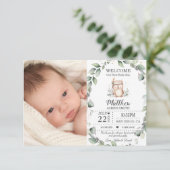 Cute Greenery Owl New Baby Boy Foto Collage Birth Aankondiging (Staand voorkant)