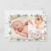 Cute Greenery Owl New Baby Boy Foto Collage Birth Aankondiging (Achterkant)