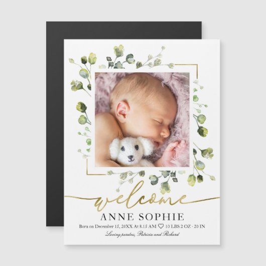 Cute Greenery Photo Birth Announcement Cards (Voorkant / Achterkant)