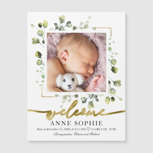 Cute Greenery Photo Birth Announcement Cards (Voorkant)