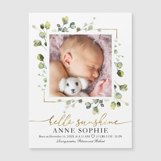 Cute Greenery Photo Birth Announcement Cards (Voorkant)