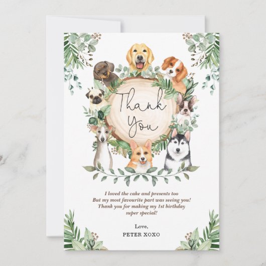 Cute Greenery Puppy Dog Birthday Hartelijk dank Bedankkaart (Voorkant)