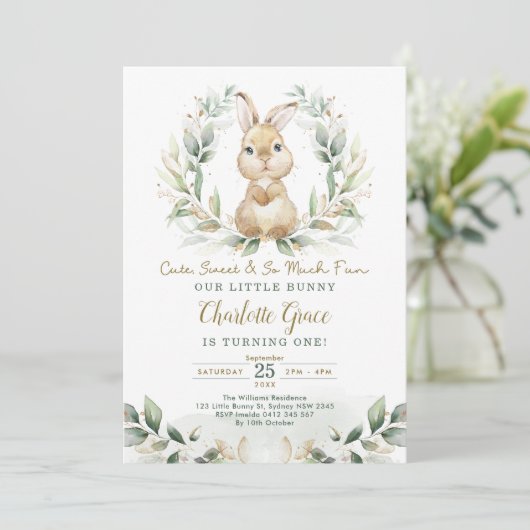 Cute Greenery Rabbit Easter Bunny Birthday Party Kaart (Staand voorkant)