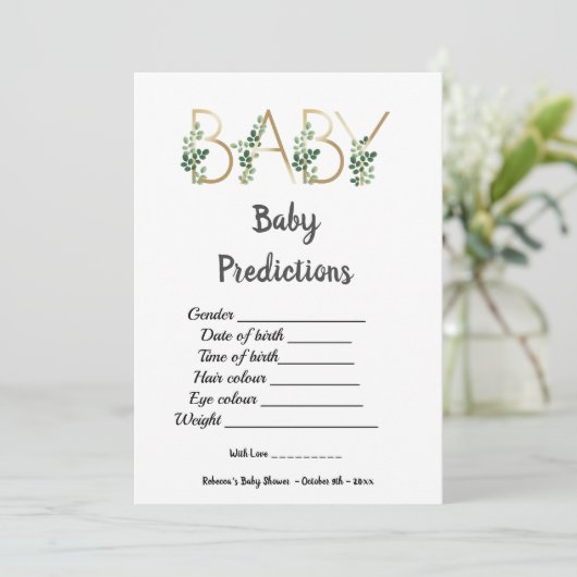 Cute Greenery Slogan Baby shower Predictions Game Kaart (Staand voorkant)