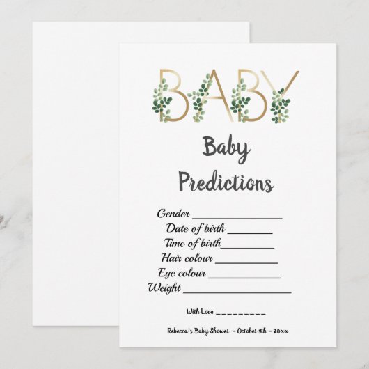 Cute Greenery Slogan Baby shower Predictions Game Kaart (Voorkant / Achterkant)