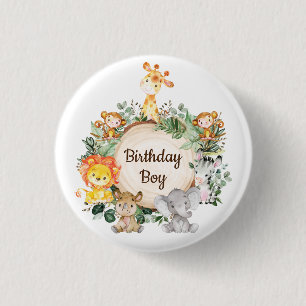 Cute Greenery Wild Safari Animals Birthday Boy Ronde Button 3,2 Cm