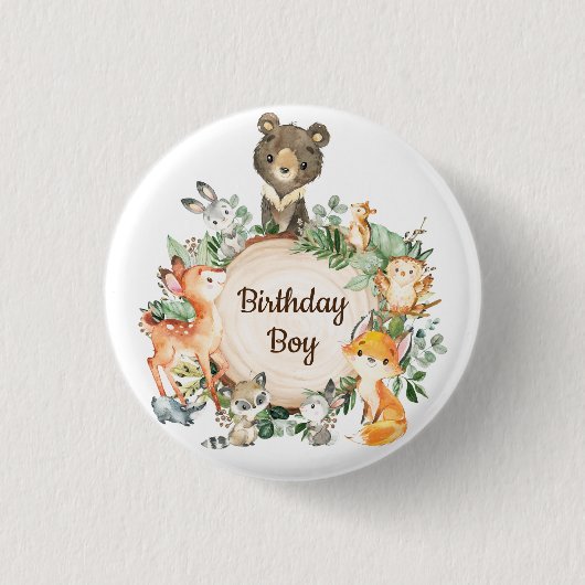 Cute Greenery Woodland Animals Birthday Boy Ronde Button 3,2 Cm (Voorkant)