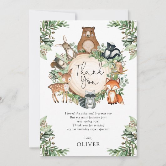 Cute Greenery Woodland Baby Animals Dank je wel (Voorkant)