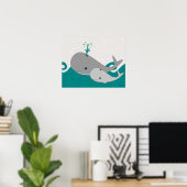 Cute Grey Baby Whale op de Waves Cartoon Poster (Thuiskantoor)