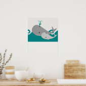 Cute Grey Baby Whale op de Waves Cartoon Poster (Keuken)
