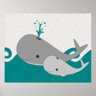 Cute Grey Baby Whale op de Waves Cartoon Poster