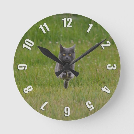 Cute Grey Boerderij Cat Racing Over Green Grass Fo Ronde Klok (Voorkant)