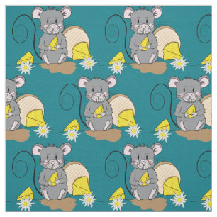 Cute Grey cartoon muis dark turquoise fabric Stof