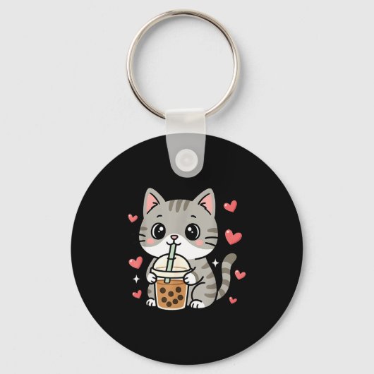 Cute Grey Cat Boba Tea Bubble Tea Anime Kawaii Nek Sleutelhanger (Voorkant)