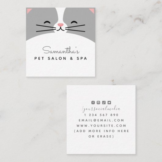 Cute Grey Cat Kitten Face Pet Care Salon & Spa Fun Vierkante Visitekaartje (Voorkant / Achterkant)