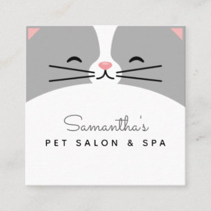 Cute Grey Cat Kitten Face Pet Care Salon & Spa Fun Vierkante Visitekaartje