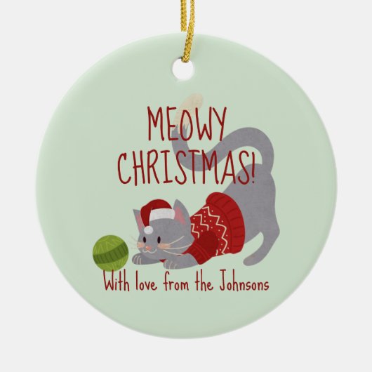 Cute Grey Cat met kerstPet Keramisch Ornament (Voorkant)