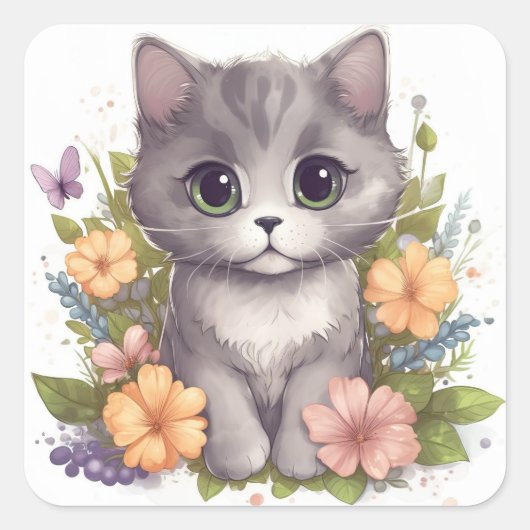 Cute Grey Kat met Flowers Chibi Kawaii Vierkante Sticker (Voorkant)