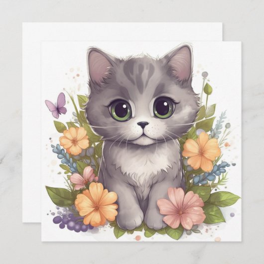 Cute Grey Kat met Flowers Kawaii Chibi (Voorkant / Achterkant)